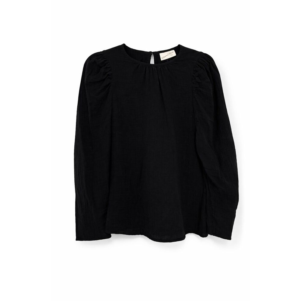 100% Cotton Black Blouse Womens S Puff Sleeve Long Sleeve Romantic Minimalist